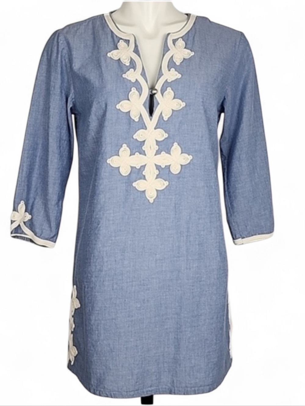 JOE Women's Blue Chambray Tunic Top Embroidered 100% Cotton V-Neck 3/4 Sleeve S